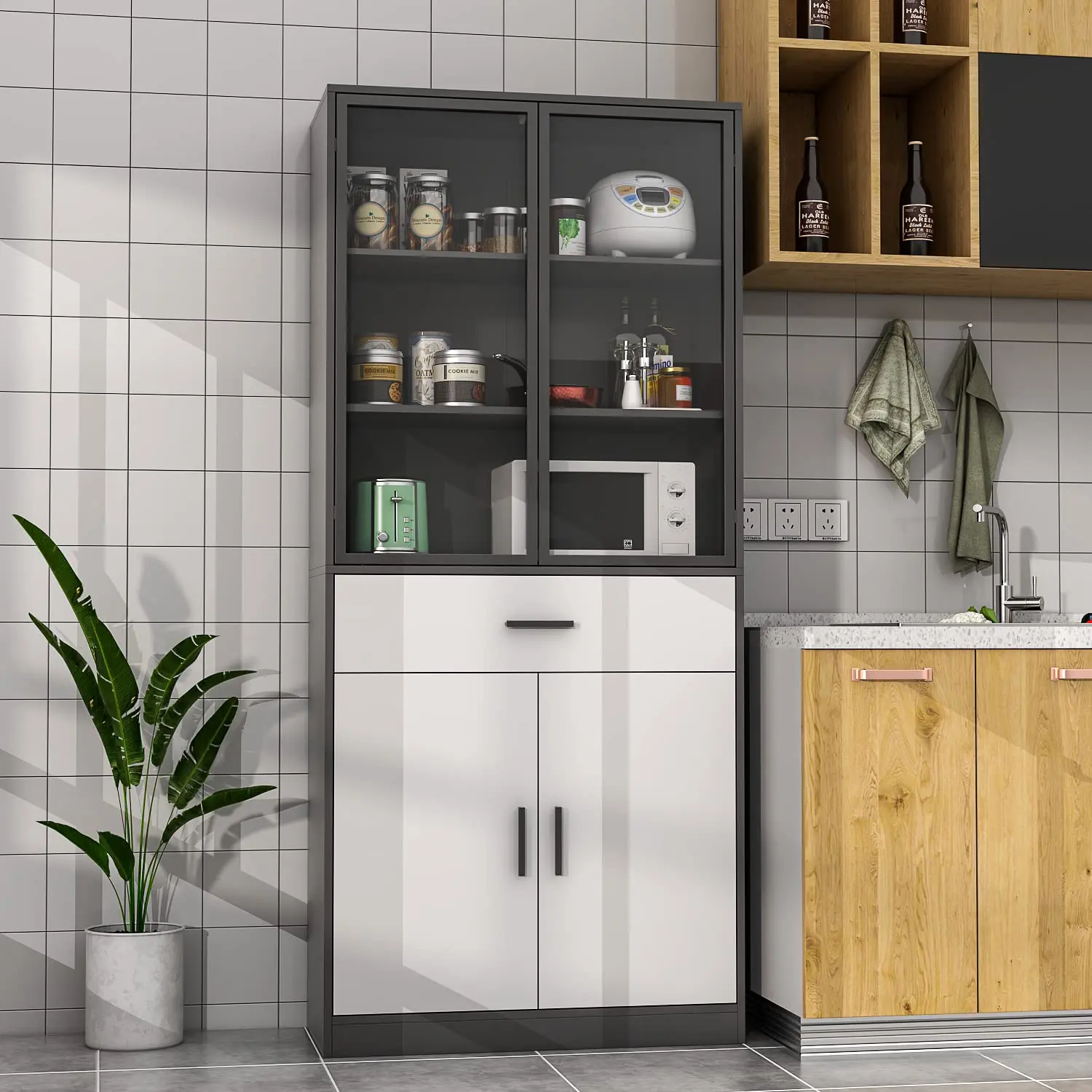 Freestanding Kitchen Pantry Storage Containers with Glass Door Wood Sideboard Buffet and Credenza for Dining Organization