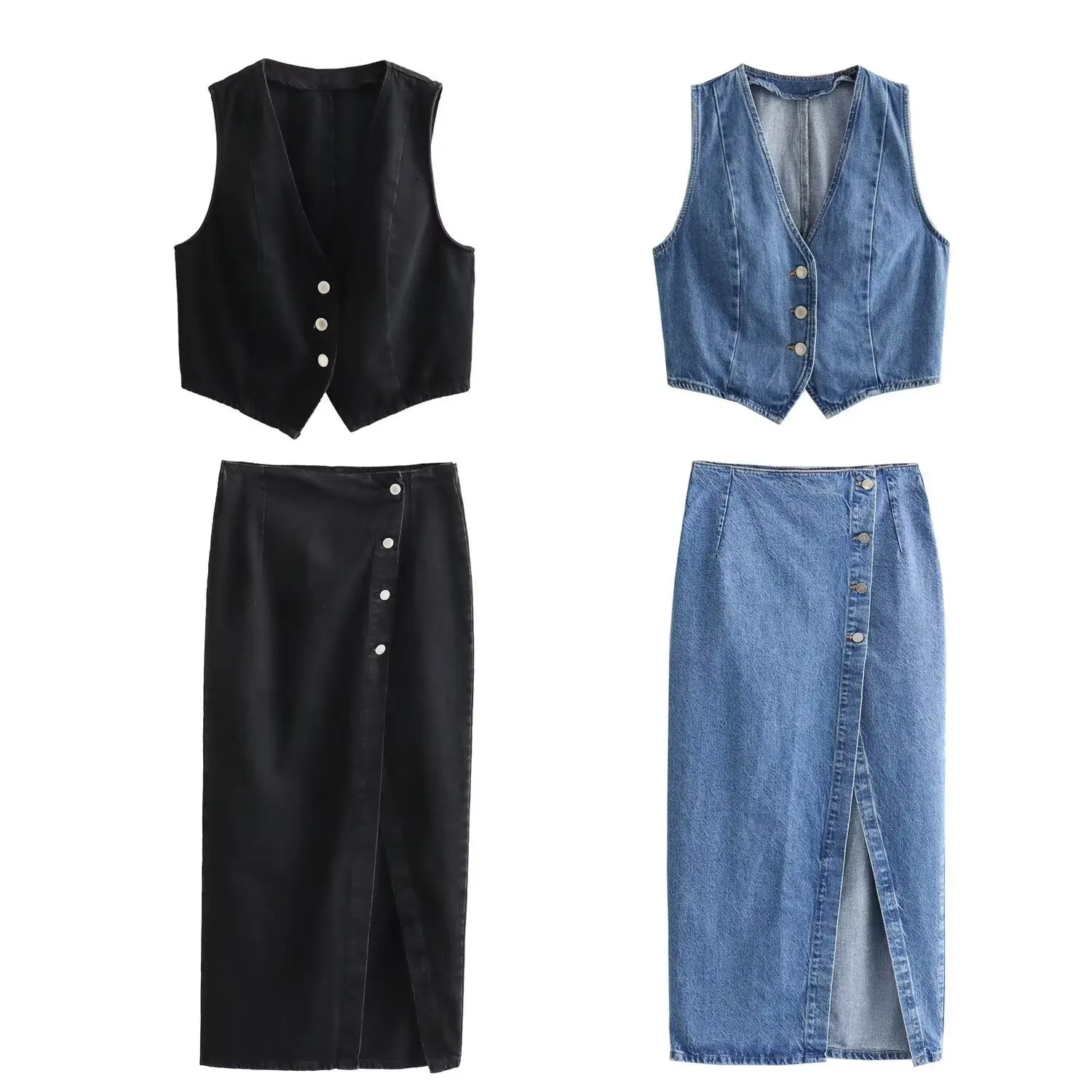 Clothing Manufacturers Vintage Casual Custom Denim Jackets Vests Women's Jackets Vests Midi Skirts Set