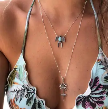 Summer Beach Vintage Jewelry Antique Tibetan Silver Stone Palm Plant Coconut Tree Bird Pendant Necklaces Long Chain Necklace