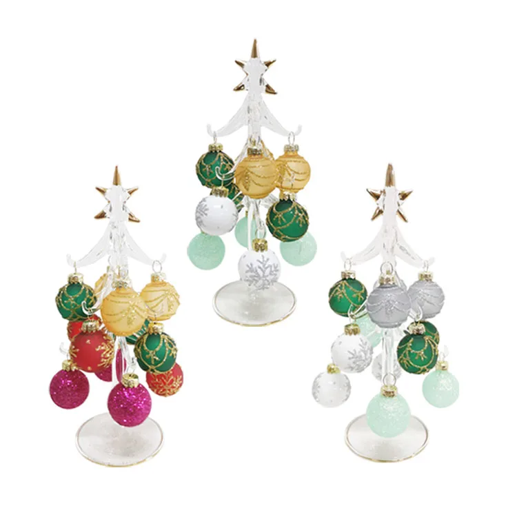 Custom made small clear hand painted blown glass Christmas tree with mini hanging bauble ball ornaments