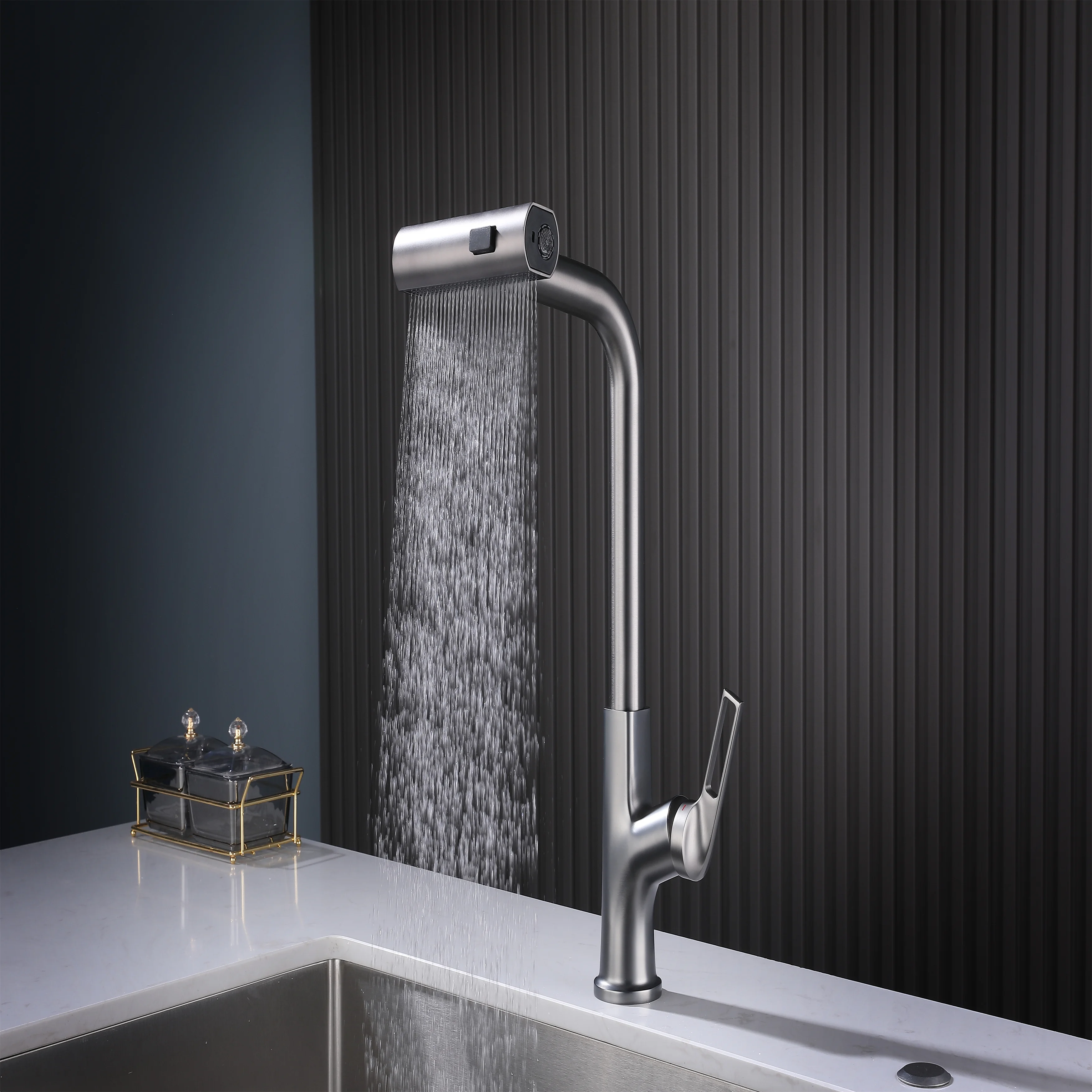 Classic Single Long Handle Kitchen Faucet 360 Rotating Gun Grey Surface 3 Function Waterfall Pull New Rain Faucet for