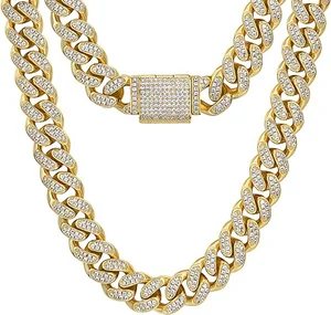 Fashion 8/12/14/15/18mm Hip Hop Iced Out Jewelry Cuban Link Chain Gold Plated Stainless Steel Iced Out Jewelry Chain