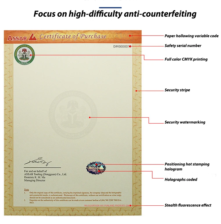 Anticounterfeit Hologram Sticker Paper With Watermark Logo for University Graduate Diploma Letterhead Printing Certificate Paper