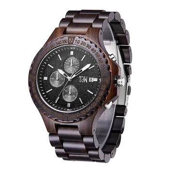 TJW Luxury Men's Ebony Wooden Watch Special Business Design with Seiko Movement 45mm round Dial Display 24mm Band Width