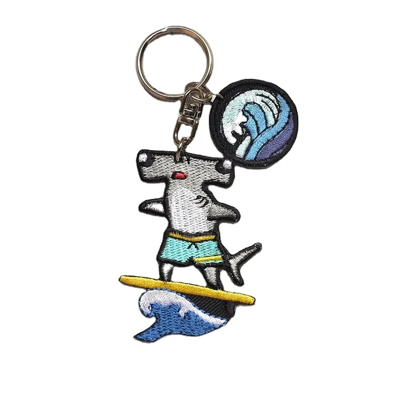 Customized Embroidered Woven Mark Printing Key Ring Life Jacket Surfing Diving Cartoon Shark Keychain