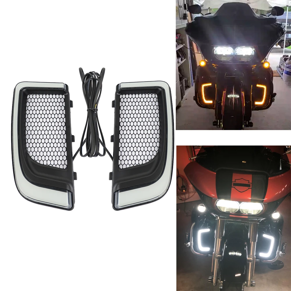 Pair Black Tracer LED Lower Fairing Lower Grills Light Turn Signal  For Touring Glide 2014-2020