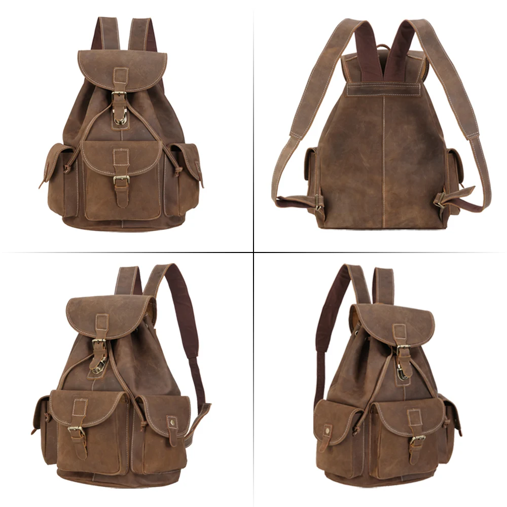 Tiding Vintage Full Top Grain Drawstring Leather Back Pack Real Leather Men Backpack