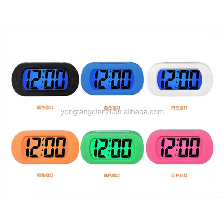 Easy Setting Silicone Protective Cover Digital Silent LCD Large Screen Desk Bedside Alarm Clock with Snooze Light Function