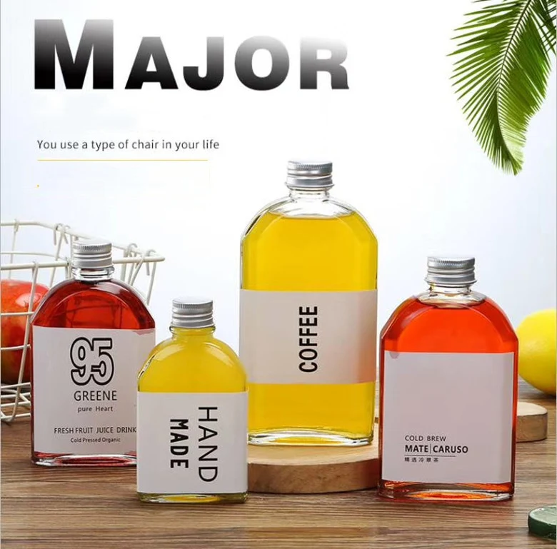 Custom 100ml 200ml 350ml 500ml Oblate Glass Flask Bottle Flat Square Beverage Juice Wine Bottles with Screw Cap for Tequila