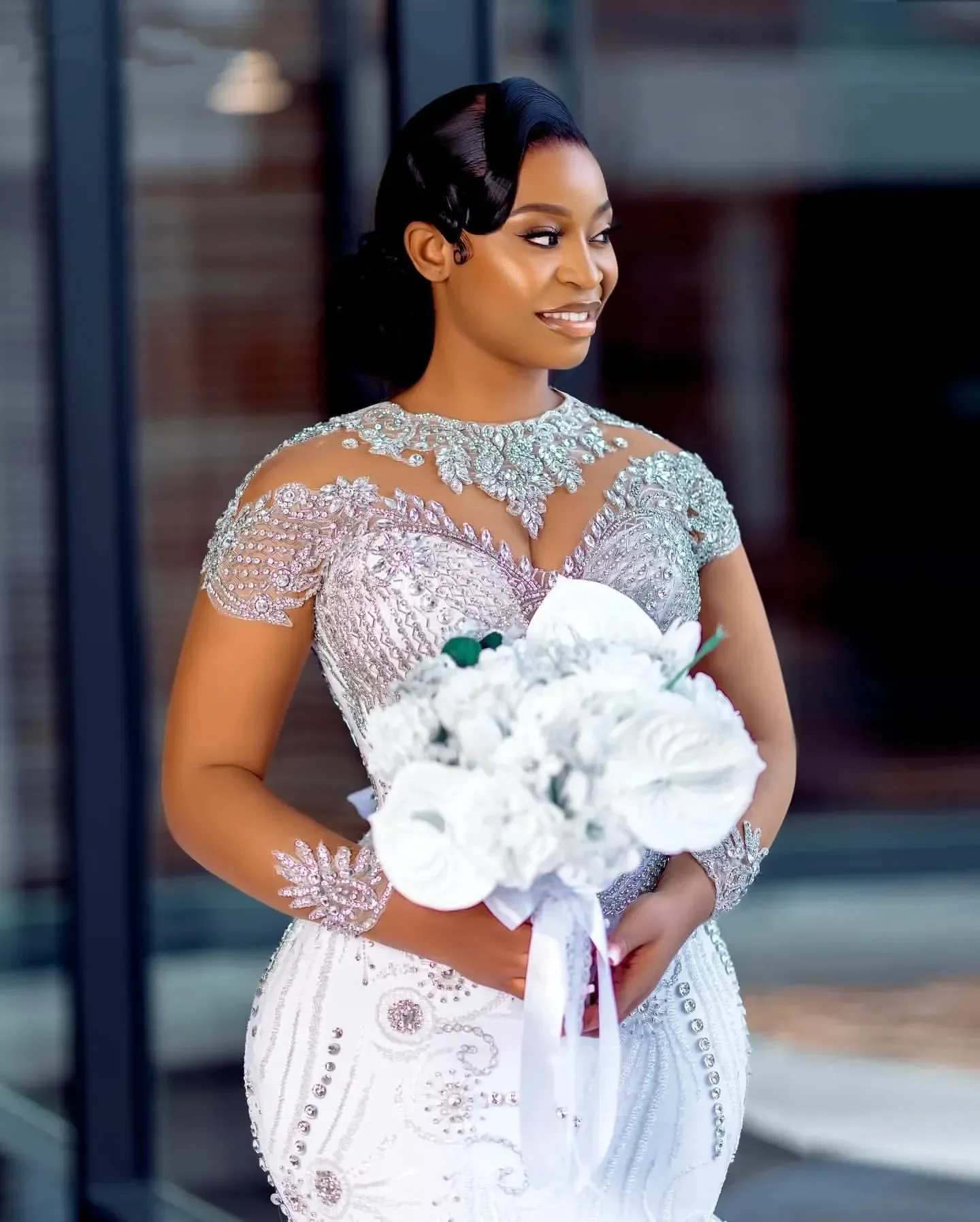 LY-WD0739 Luxury Ivory White Wedding Dress Plus Size Bridal Mermaid Gown  Crystal Fishtail O Neck Shinny Rhinestones Lace African| Alibaba.com