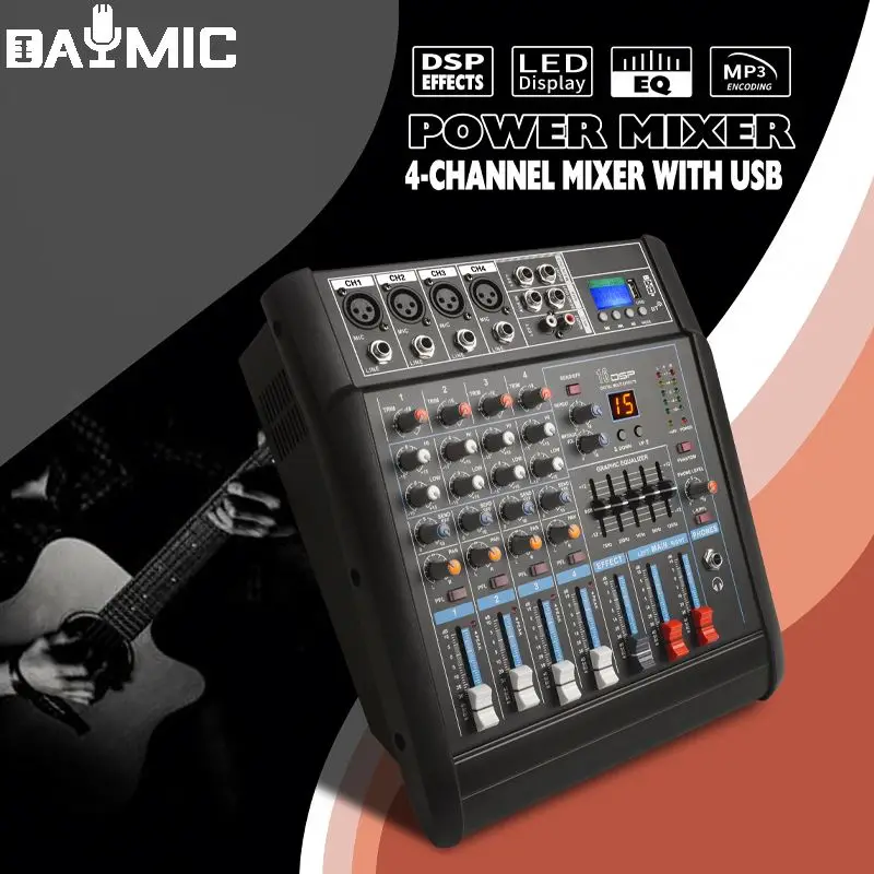 Professional Build in Power Amplifier 4 Channel Audio Mixer With Wireless Microphone