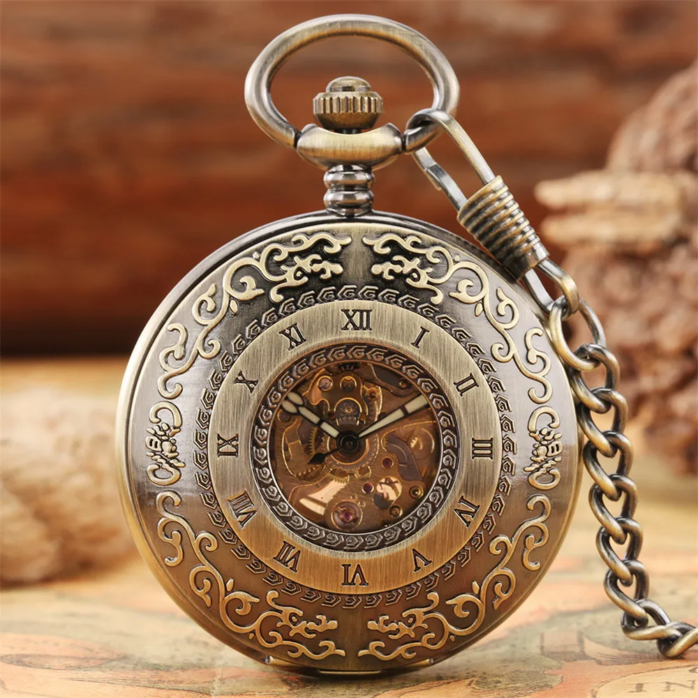 Roman Numerals Mechanical Self-wind Pocket Watch Male Vintage Bronze ...