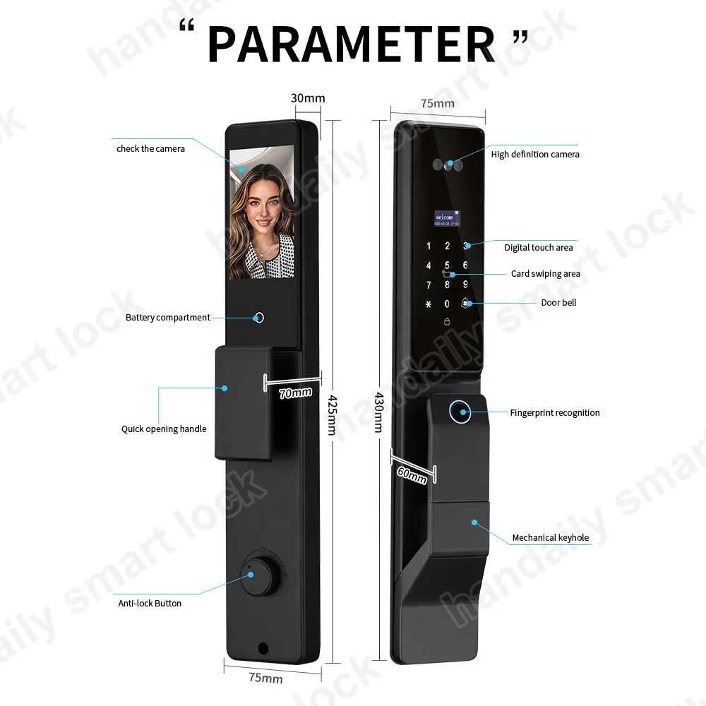 HanDaily Wholesale Automatic Fingerprint Tuya 3d Face Smart Door Lock for Front Door Digital Palm Vein Home Security Door Lock F888