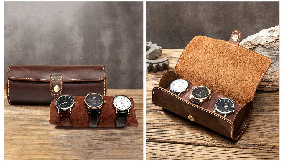 Genuine Leather Travel Watch Case Roll Organizer Classic 3watches Case