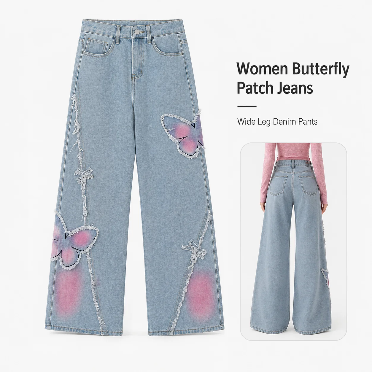 Y2K Street Wear Casual Wide-Leg Pants Washed Pink Butterfly Decal with High Waist Embroidered Digital Printing for Spring Season