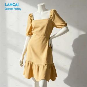 Apparel Manufacturer Custom Logo Design Ladies Square Neck Puff Sleeve Ruffle Hem Mini Dress for Casual Daily Office Work Wear