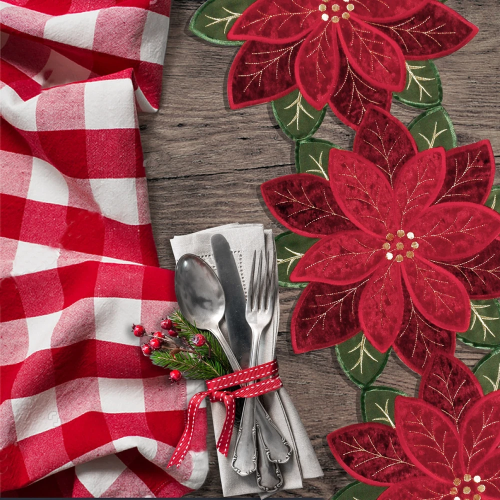 Owenie 13x36inch Irregular Embroidery Red Poinsettia Velvet Table