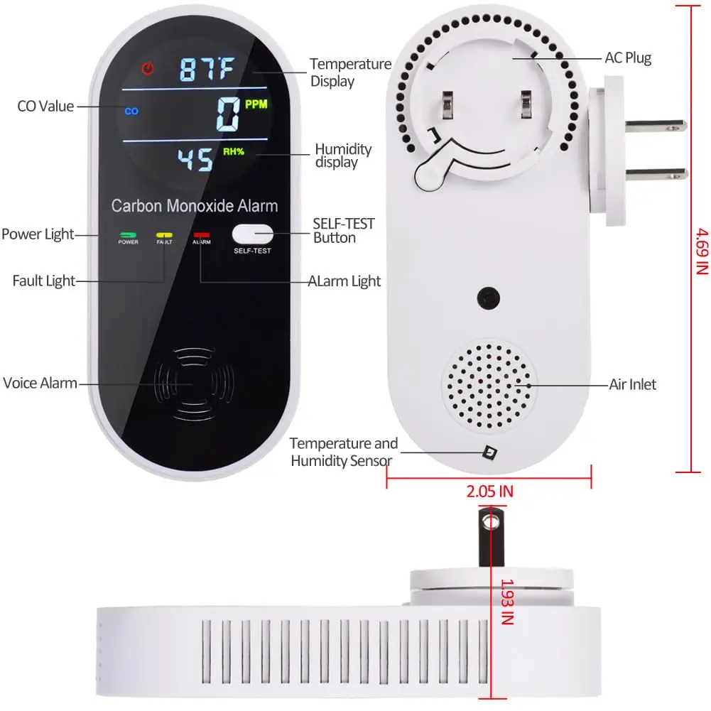 AC-Plug-in Carbon Monoxide Detectors with Voice & Light Alarm, Home Carbon Monoxide Monitor for Kitchen/Bedroom/Living Room