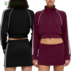 Custom Women's Autumn Zipper Jacket With Skirts Tracksuit Set Loose Contrast Straps Design Streetwear Jacket 2 Piece Yoga Sets