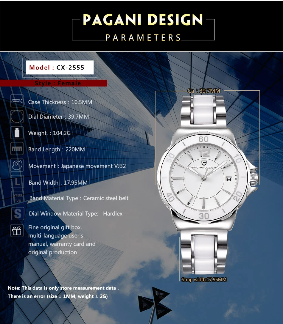 Pagani CX-2555 Célèbre Marque Dames Quartz En Acier Inoxydable de Haute Qualité Résistant À L'eau Mode Femmes Montre-Bracelet