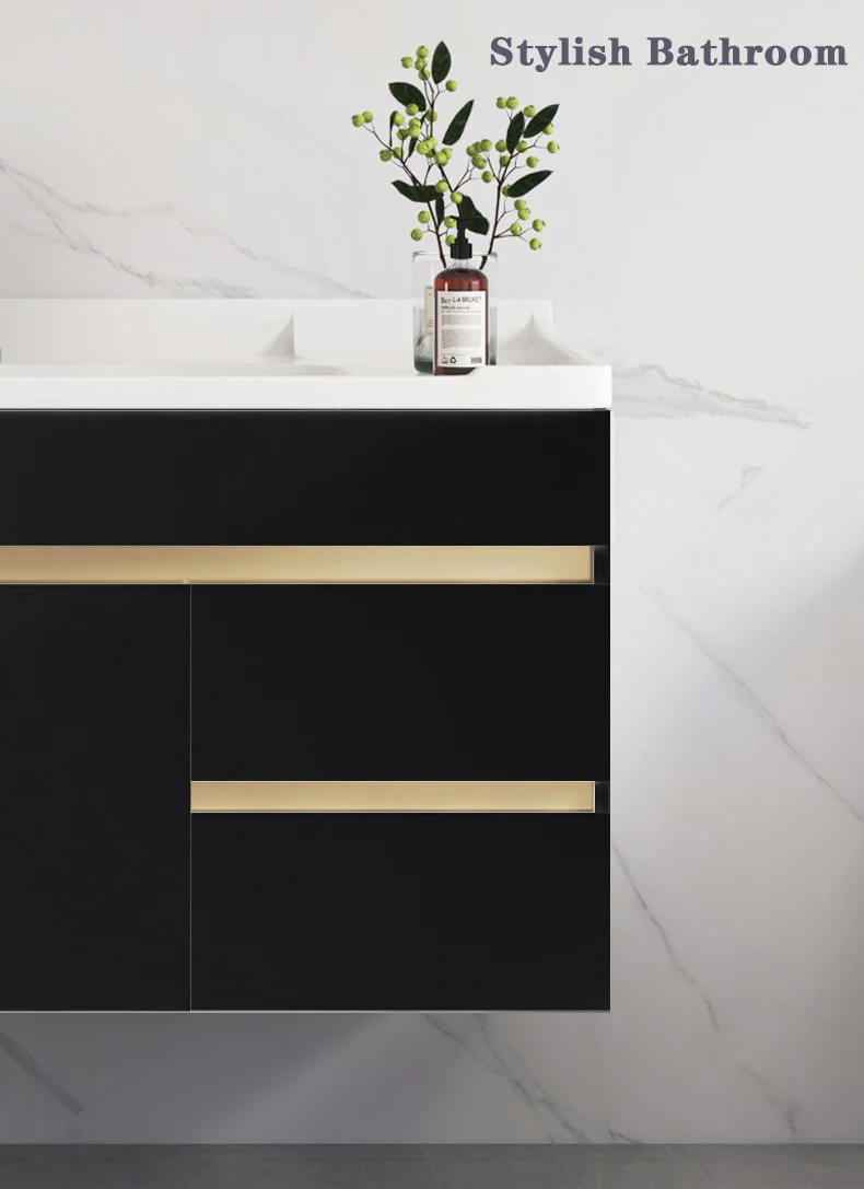 Luxury Black Gold Design Waterproof Solid Wood Cabinet Bathroom Vanity Sink Wall Mounted ...
