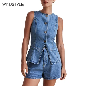 Women's Fashion Sleeveless Denim Vest Plus Size Casual Linen Canvas Winter and Spring Vest with Cotton Embroidery Woven Shell
