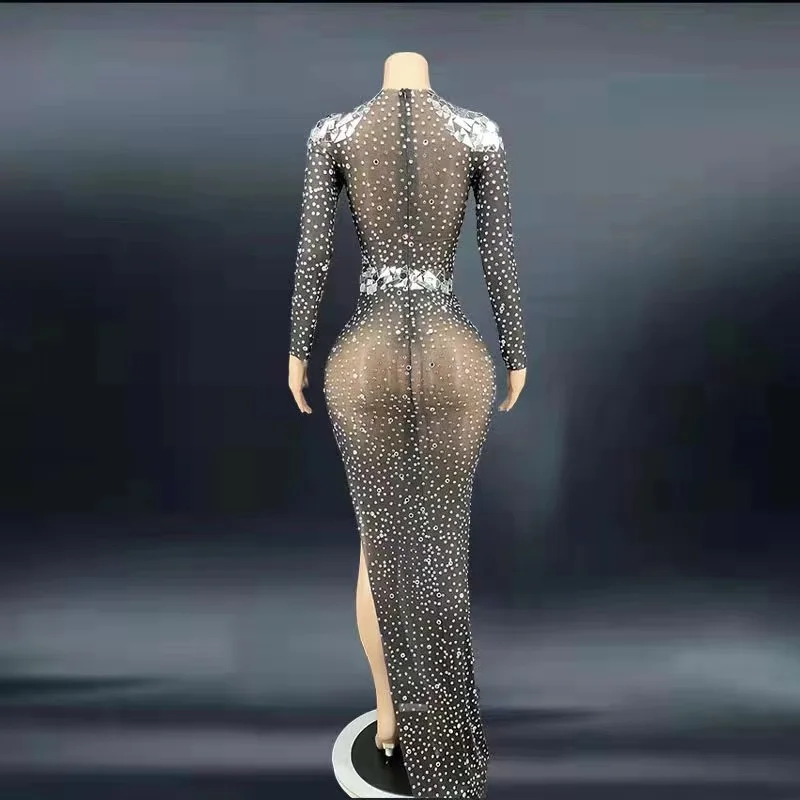 Блестящее платье со стразами полупрозрачное бальное с высоким разрезом роскошная одежда для