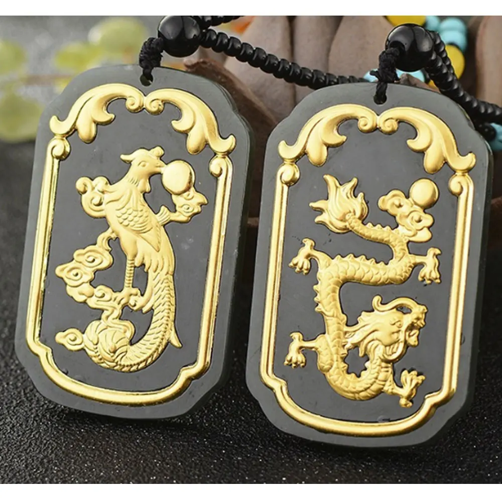 Fashion Gold Plated Dragon Phoenix Jade Pendant Necklace for Kids