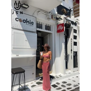 JSN 2026 Customized Fashionable New Red and White Plaid Three-piece Bikini with Long Swimdress Sexy Women's Bandeau  Swimsuit