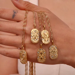 Vintage Fashion Necklace with Pisces Pattern Rhinestone Stainless Steel Pendant 18K Gold Plated Zircon Main Stone