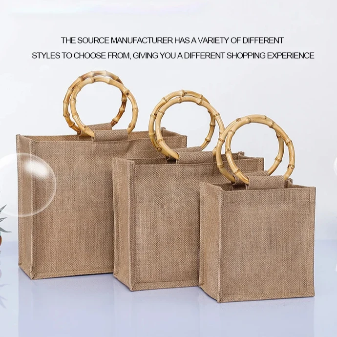 Manufacturer Wholesale Custom Printed Burlap Shopping Jute Tote Bag With  Bamboo Handle