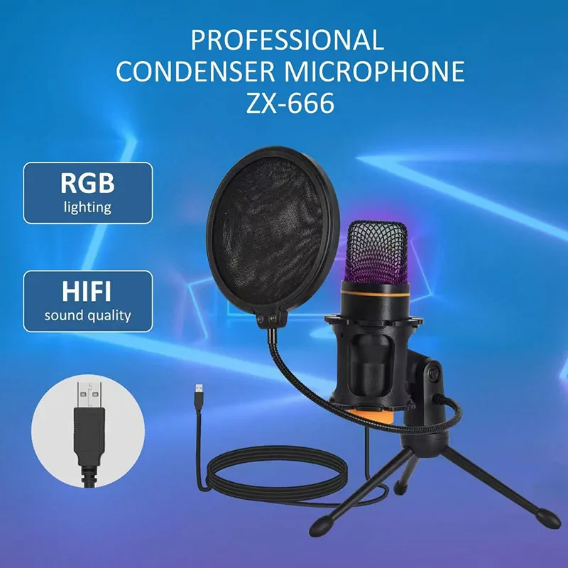 ZX666 Professional USB RGB Condenser Desktop Microphone For PC Phone