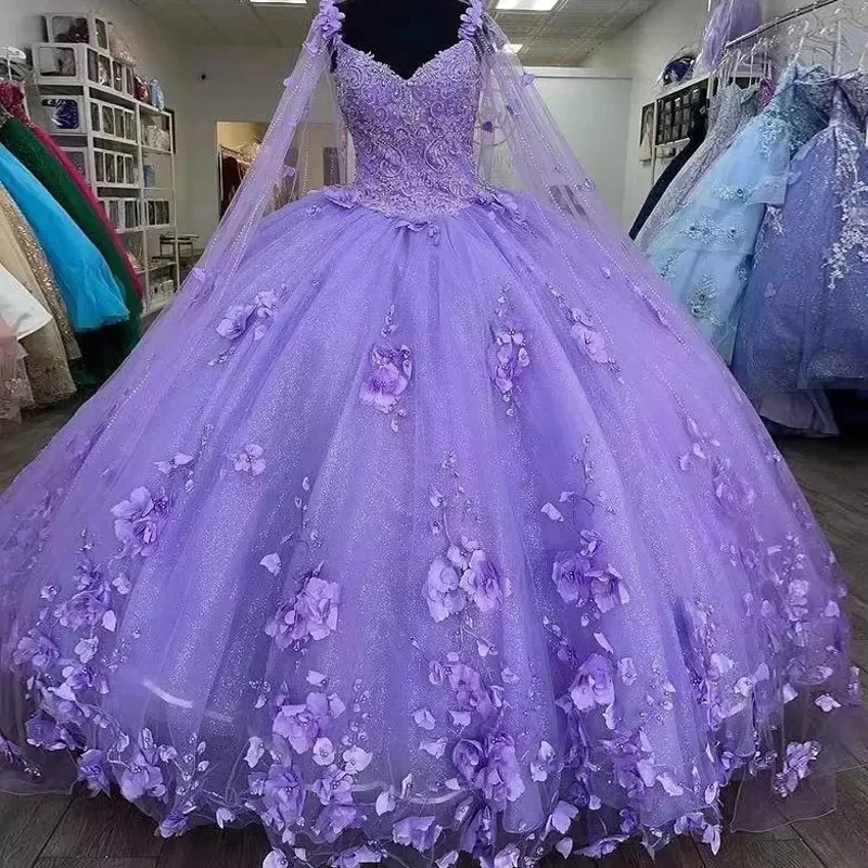 Qd1589 Ball Gown Quinceanera Dresses With Cape 15 Party 3d Flower Plus ...
