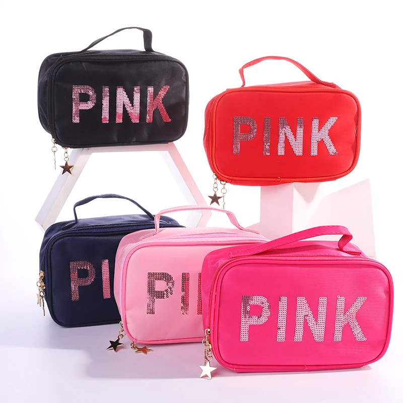 Travel Makeup Bag for Women Pink Checkered Cosmetic India