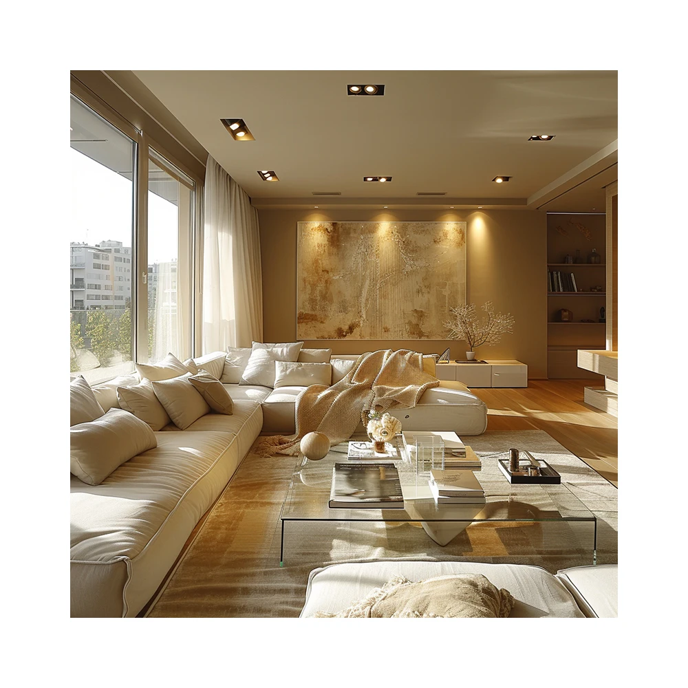 2024 AI креативная концепция кремового стиля Современная теплая гостиная бежевый тон 3D сервис рендеринга