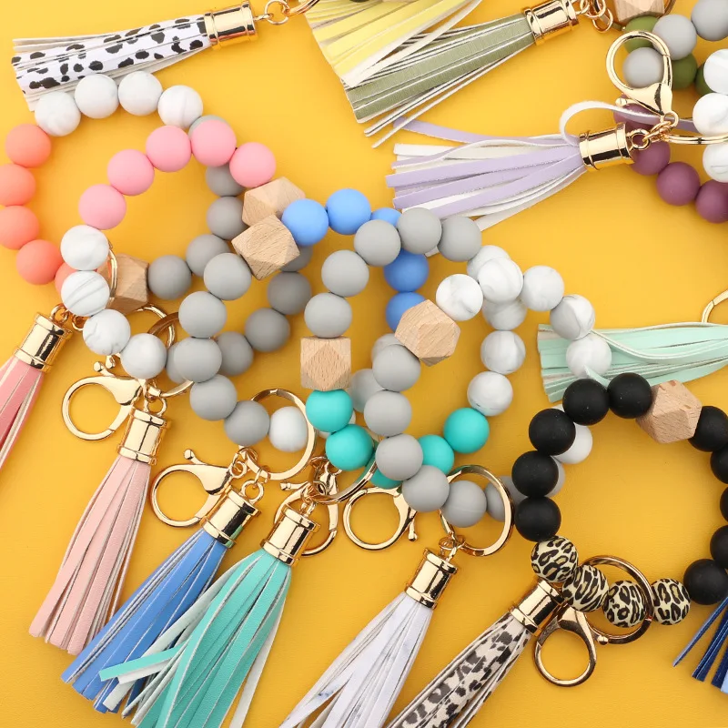 Xinjiang Silicone Key Ring Bracelet, Car Keychain Beaded Wristlet Tassel for Women