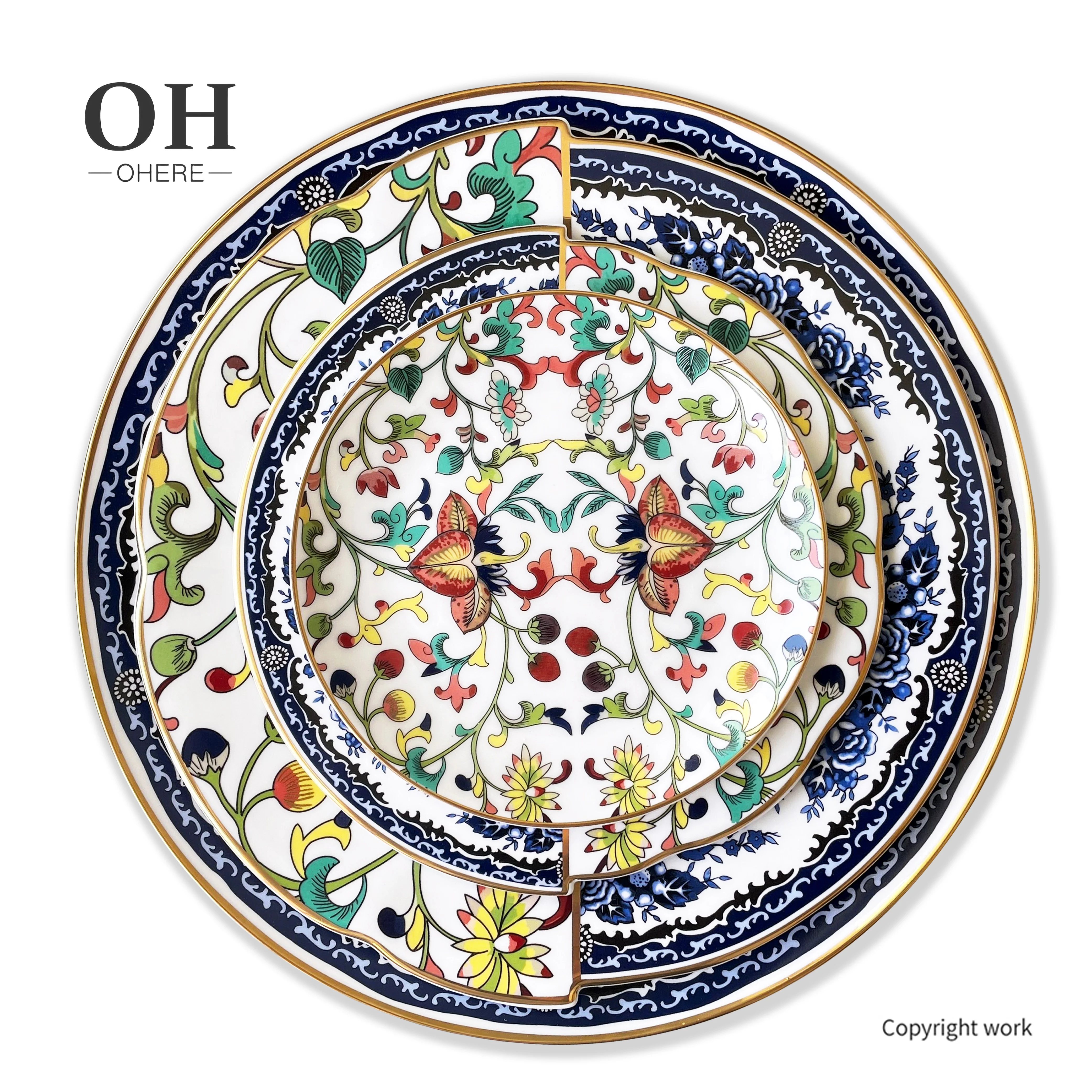 Decorative Nordic Bone China Charger Plate Flower and Animal Dinnerware Set Ceramic Dinner Plate Dishes with Gold Rim