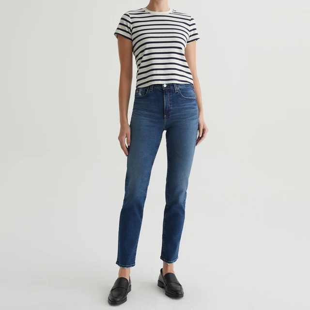 Wholesale Women's High Rise Straight Jeans 12oz Dark Blue Vintage Fade Distressed Denim Embroidery Rivet 100% Cotton Bulk