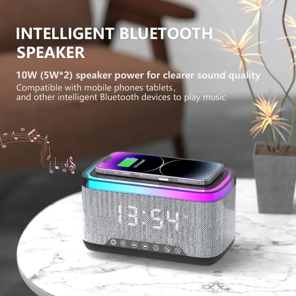 Wireless Charger LED Atmosphere Lamp for Bluetooth Speaker Night Light Alarm Clock-Fast Charging 7W/10W Output Power for Bedroom