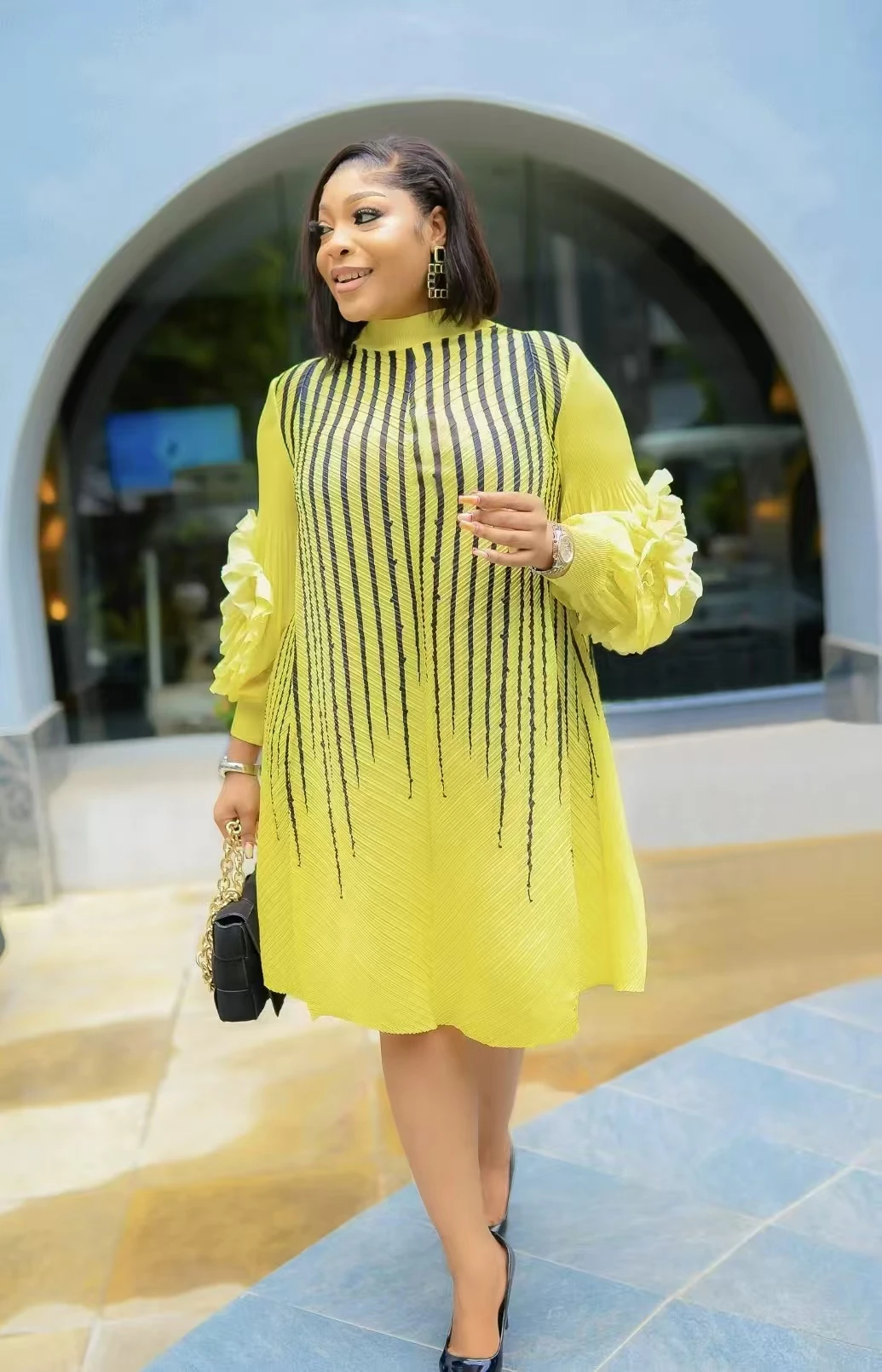 Sheen Fashion Pleated Plus Size Dress with Miyake Floral Print