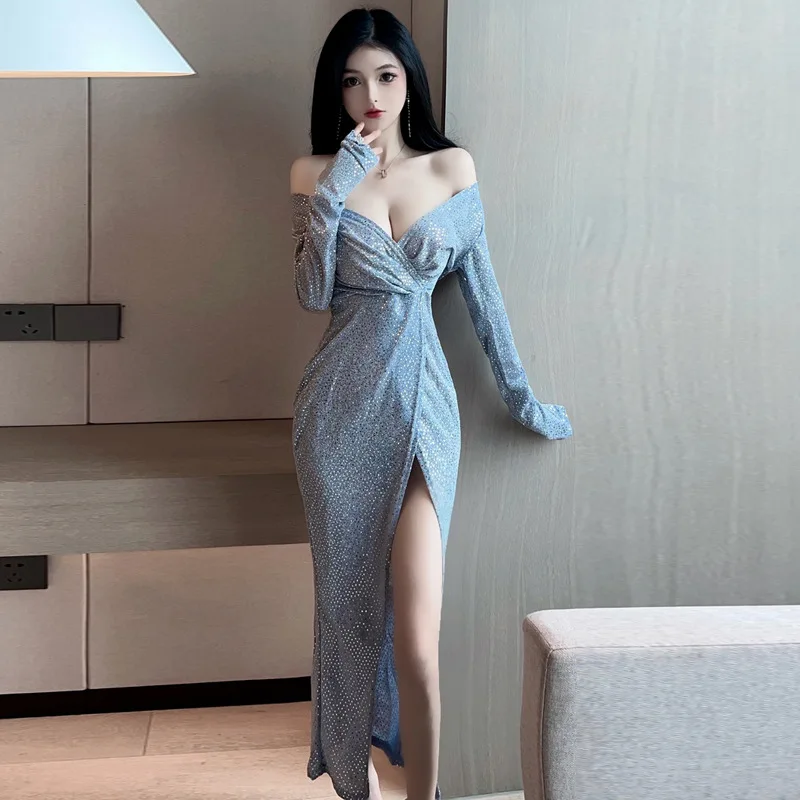 Fashion Crystal Evening Clothing Tops 2024 New Heavy Sequins V Neck High Waist Elegant Long Dress Sexy Women Party Dresses 35W9 3