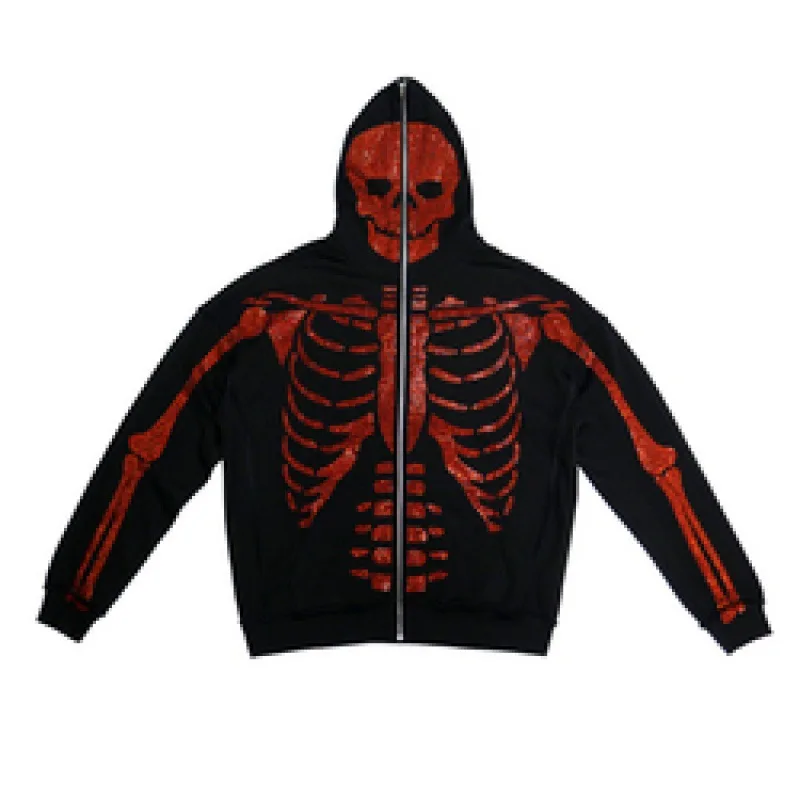 Fast Delivery Transfers Rhinestone Skeleton Custom Full Face Zip up Hoodie for Men