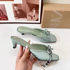 QuiteS New Elegant Elastic Strap Party High Heels Summer Kitten Bow  Simple Square Peep-Toe Mid Heels Holiday Sandals