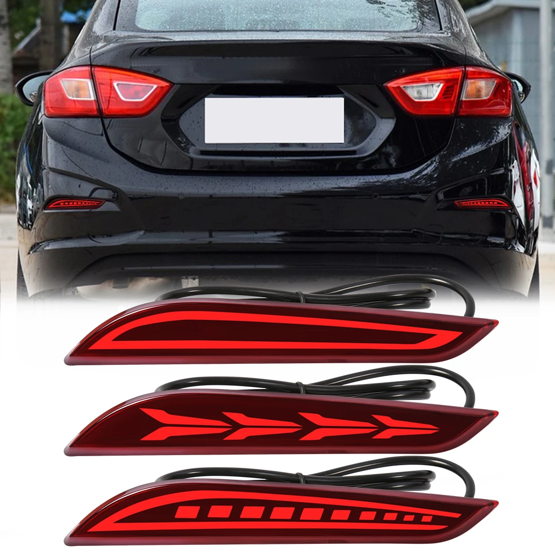 Red Smoke Rear Reflector Sequential LED Tail Brake Lights Bumper Turn Signal Lamp for 16-19 Chevrolet Cruze