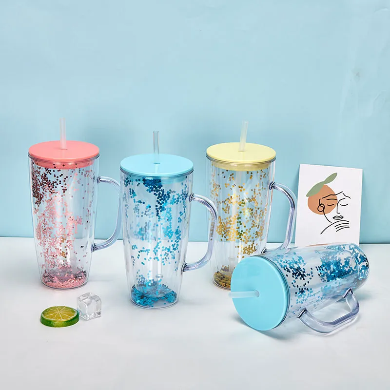 Clear Plastic Glitter For Tumblers With Straws 750ml Capacity, Double Wall  Handle, Travel Mug, Sippy Cup Included From Hc_network, $3.88