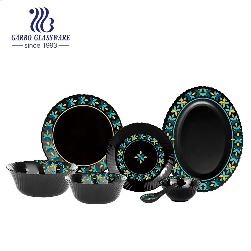 India Hot Selling 33pcs Black Opal Glass Dinner Set with Customized Colored  Colored Decal Wholesale 33pcs Opal Dinnerware Set