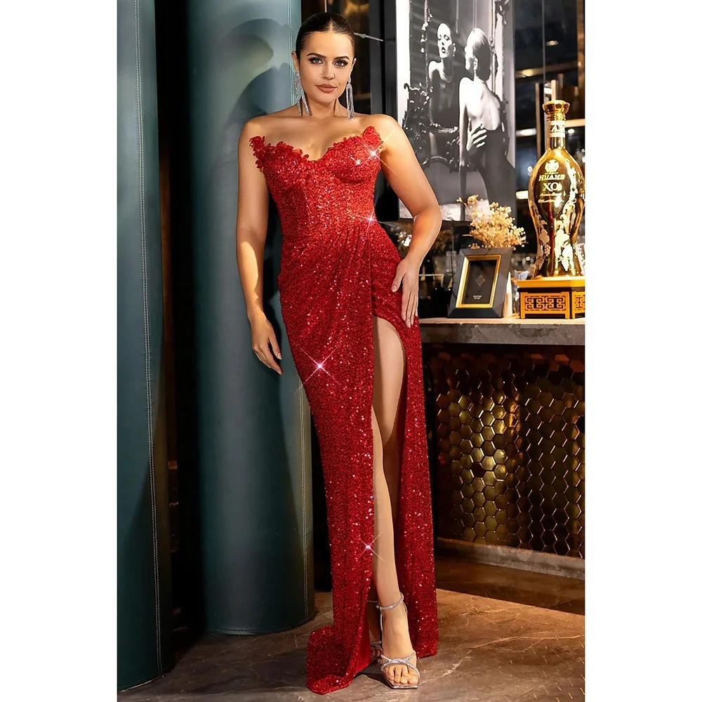 Dark Red Pearls Embellished Boned Bodice Long Dress Strapless Pleated High  Side Slit Fish Tail Crystal Sequins Evening Gowns