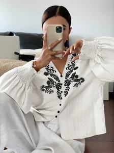 2026 New Arrivals Embroidered Floral Button-Up Long-Sleeve Cardigan Shirt For Women