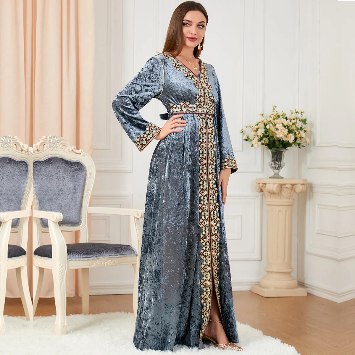 Women Floral Embroidery Moroccan Caftan Belt Long Sleeve Luxury Velvet ...