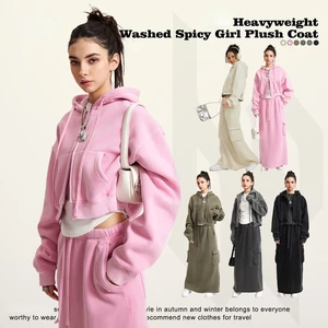 Women Winter Full Length Retro Hoodie High Waist Jogger Pants Set Washed Sweatshirt Vintage Fleece Breathable Sports Tracksuit